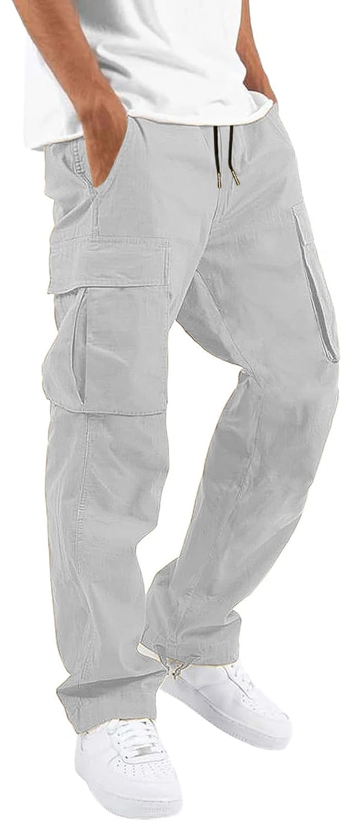 HUNGSON Mens Cargo Pants Drawstring Casual Hiking Pants Joggers Athletic Trousers Cotton Loose Straight Sweatpants for Men